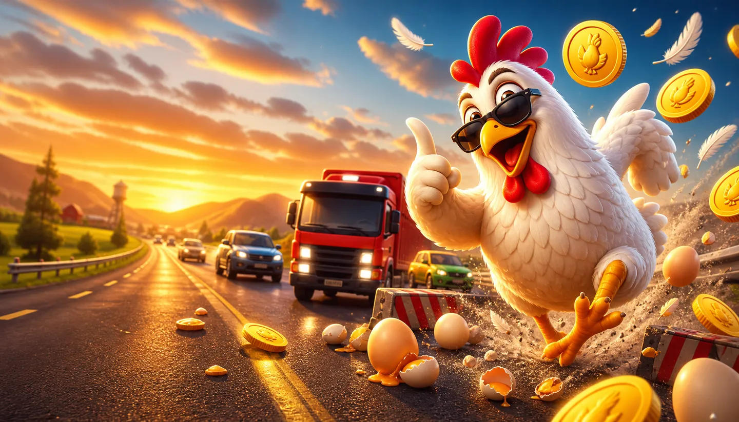 High-resolution HERO banner for Chicken Road game featuring a confident chicken crossing a busy, colorful road lined with obs