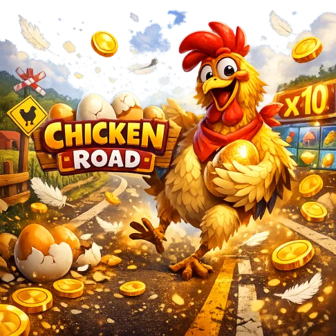 Promotional image featuring a funny chicken crossing a road with coins, eggs, and feathers, evoking a playful crash-game ener