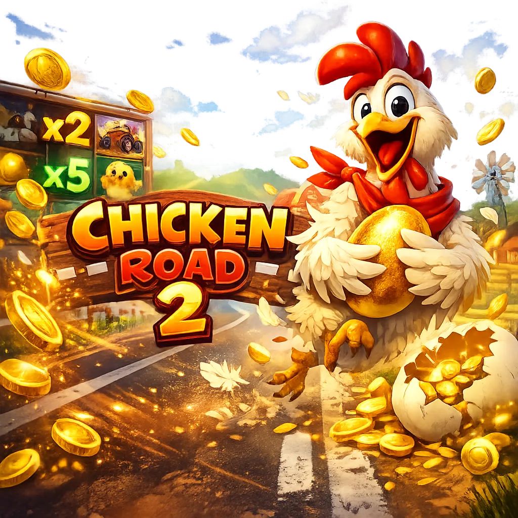 Bright promotional image featuring a funny chicken navigating road lanes with eggs, feathers, and coins in dynamic crash-game
