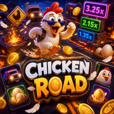 High-energy Chicken Road slot promo featuring a funny chicken, road lanes, feathers, and coins with vibrant colors.